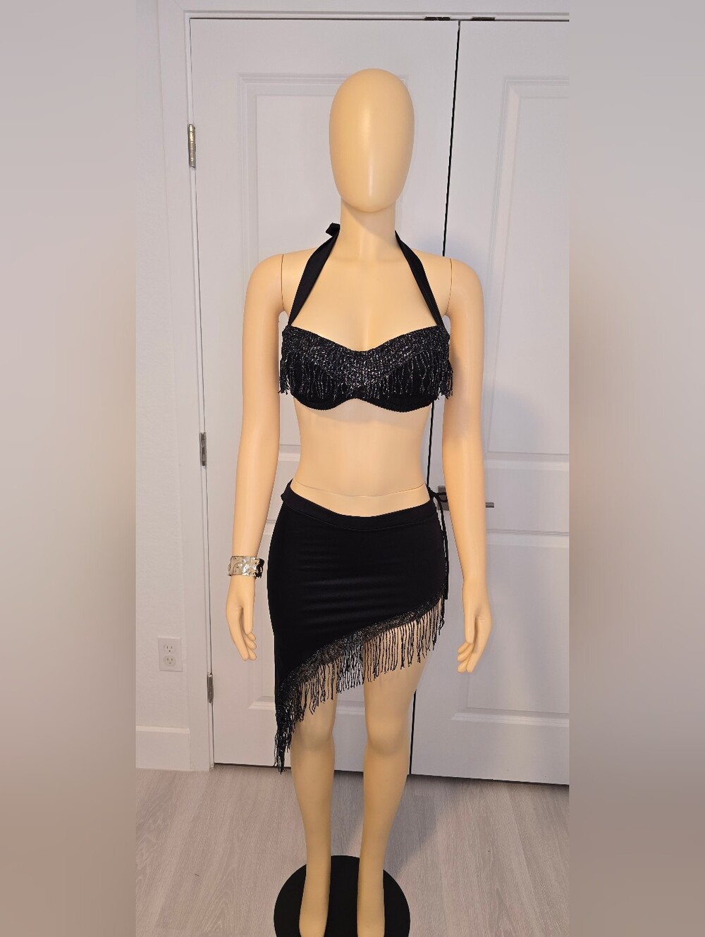 Black Fringe Halter Mini Skirt -